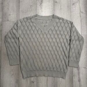 Vintage-style gray V Neck Knit Sweater Textured Pattern Cozy Pullover